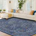 Dark Blue 6x9 Oval Area Rugs - Washable Rugs for Dining Room Table, Living Room, Non-Slip Floor Carpet for Bedroom - Vintage Navy Blue Floral Pattern Low Pile Stain Resistant