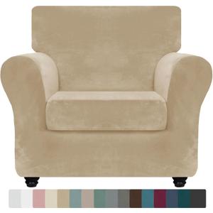 ZNSAYOTX Luxury Velvet Chair Slipcovers with Arms 2 Piece Stretch Chair Covers for Living Room Thick Soft Armchair Slipcover Anti Slip Dog Pet Friendly Furniture Protector (Camel),30"-47"(1 Cushion)