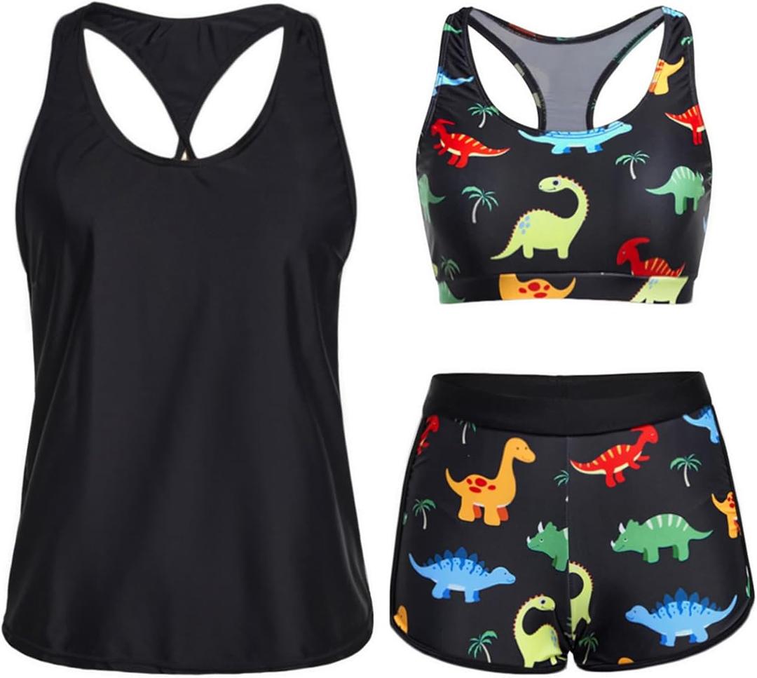 Yonique 3 Piece Athletic Tankini Swimsuits for Women with Shorts Swim Tank Tops with Sports Bra and Boyshorts Bathing Suits (Large, Black Colorful Dinosaur)