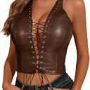 Waist Wow Women's PU Leather Halter Top Lace Up Front Crop Tank Tops Sleeveless Backless Sexy Corset Camisole Party Clubwear (Brown, S)