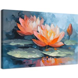 Lotus Wall Art Zen Floral Botanical Wall Decor for Bathroom Yoga Room Abstract Orange Flower Paintings Water Lily Canvas Prints Artwork Living Room Bedroom Spa Meditation Home Decorations 12x16"
