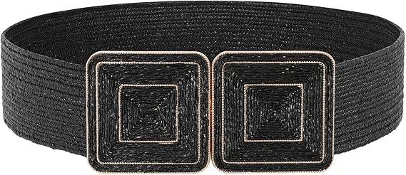 JASGOOD Straw Woven Elastic Belts for Women,Rattan Wide Stretch Belt for Dress Boho Wear Ladies Raffia Braided Square Belt