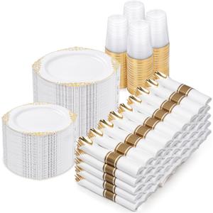 Nervure 700PCS Gold Plastic Plates - Gold Plastic Dinnerware Sets for 100 Guests - 200 Disposable Plates, 300 Silverware, 100 Cups, 100 Napkins for Wedding & Party
