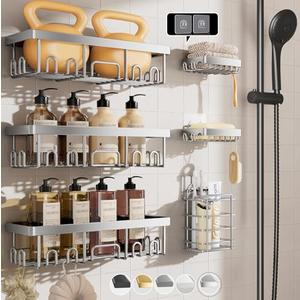 Veken Rustproof & Waterproof Shower Caddy 6-Pack, Ideal for Gift, Large Wall Mounted Shower Rack, Bathroom Shelves Over Toilet, Organizer Storage Accessories with Soap Dish & Toothbrush Holder, Silver