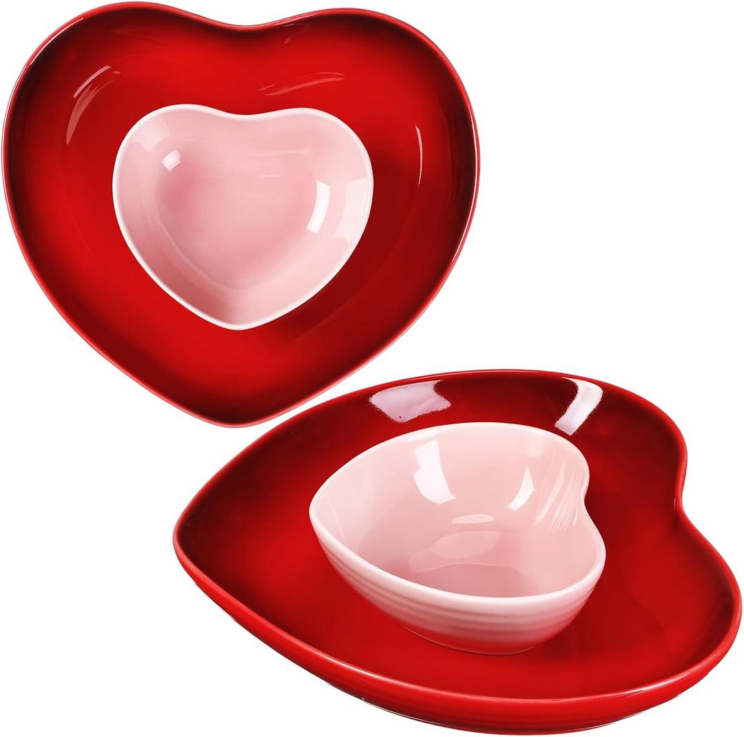 Tioncy 2 Set Heart Shaped Bowls and Plates Set Ceramic Valentine Dinnerware Dish Bowls Dinner Salad Dessert Appetizer Plates for Valentine Wedding Anniversary Baking Kitchen Party Supplies(Red, Pink)