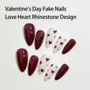 24Pcs Valentines Heart Press on Nails Medium Long Fake Nails with Red Love Heart Rhinestone Design Valentines Almond False Nails Red White Full Cover Nails Press ons Cute Love Glue on Nail for Women