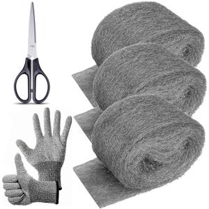 3 Pack Steel Wool Mice Control 3.2" x10.5Ft Hole Filler, for Home & Garage, DIY Bundle with Gloves & Scissors