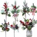 Christmas Floral Picks and Sprays, 6Pcs Artificial Christmas Flowers with Holly Berry Stems, Pinecones for Crafts, Red Berry Picks for Christmas Tree, Wreaths and Holiday Decorations