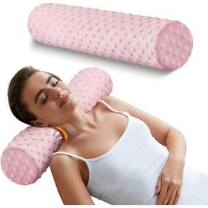 Memory Foam 4" Round Pillow, Cervical Neck Pillow for Pain Relief, Cylinder Pillows 18"x 4", Removable Cover, Neck Roll Pillow for Sleeping, Velvet Dots, Pink