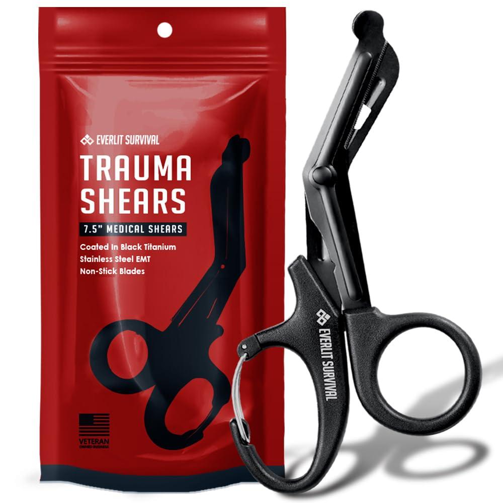 EVERLIT Trauma Shears Black Titanium Coated Non-Stick Blades Stainless Steel Bandage Medical Scissors with Oxygen Tank Wrench (7.5" Full size, 1 Pair)