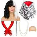 6 Pcs Black and White Wig + Faux Shawl + Red Gloves + Stick Pearl Necklace + Costume Stick+ Wig Cap for Women Costume Cosplay Halloween Party