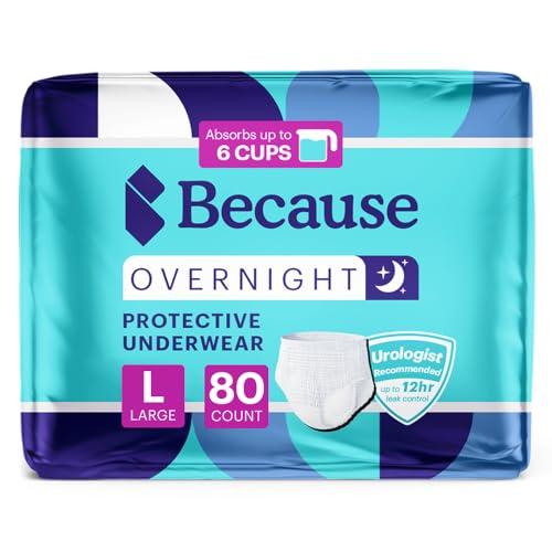 Because Overnight Absorbency Pull Ups - Adult Disposable Incontinence Underwear, Extra Absorbent Nighttime Briefs for Men and Women, White, Large, 80 Count (4 Packs of 20)