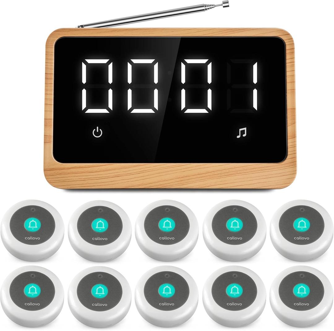 Wireless Call Light System with Call Buttons for Elderly at Home Bell for Clinic, Seniors, Assisted Living, Emergency, Wellness Center, Hospital Restaurant, Maple Wood (CRU + 10 Call Buttons White)