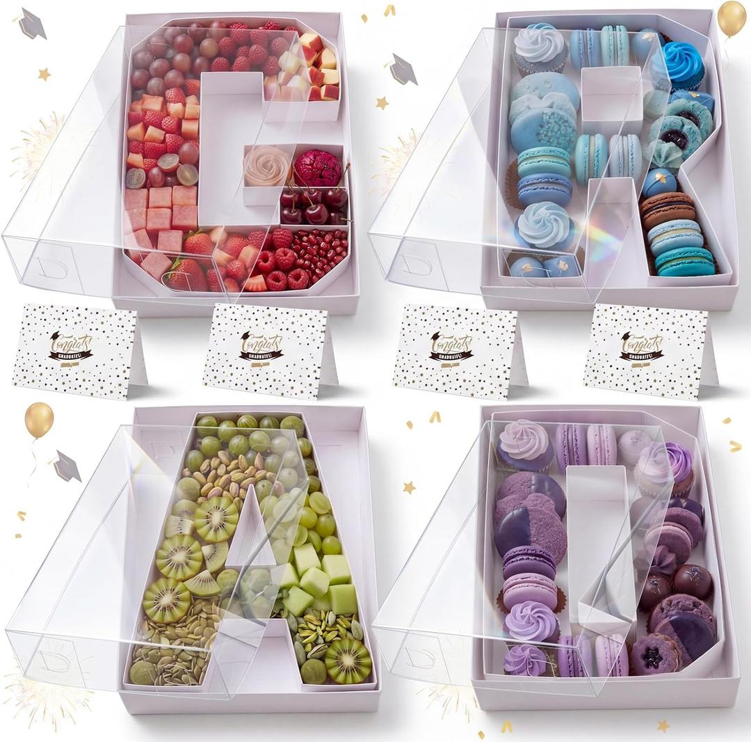 Gueevin 4 Set Grad Charcuterie Letters Fillable with Outer Box and Cards, 10.35'' x 7'' White Grad Cardboard Food Serving Trays, 2026 Graduation Numbers Charcuterie Box for Chocolate Candy Cupcake