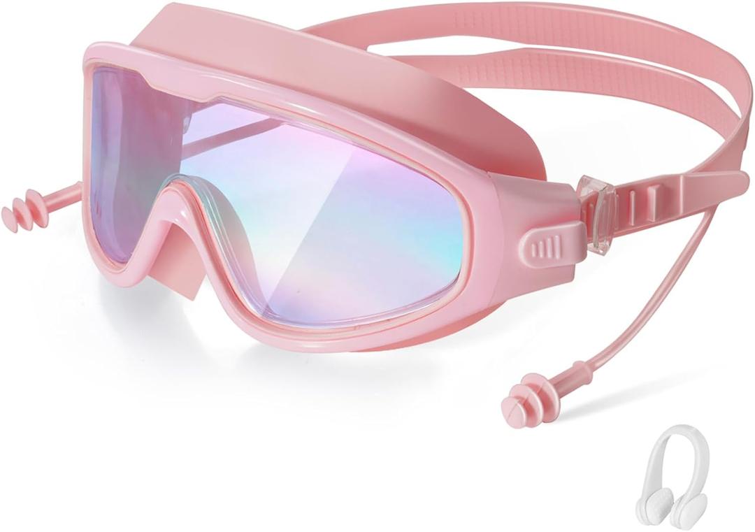 Adult Swimming Goggles,Leak-Proof,Anti-Fog Pool Glasses,Wide View Swim Goggles with Ear Plugs and Nose Clip (Dazzling Mirror Pink Frame)
