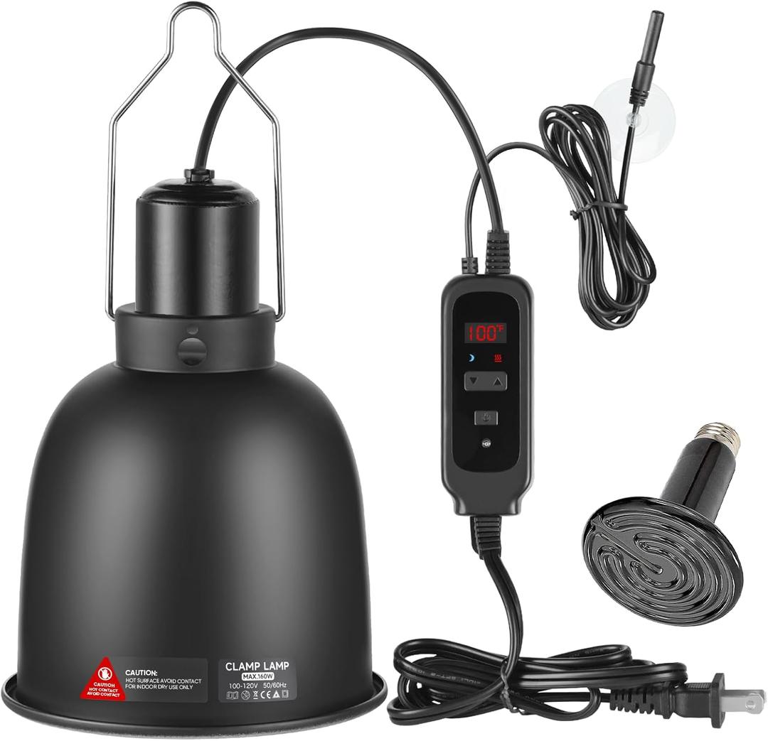 DXOPHIEX 5.5inch Reptile Heat Lamp with Thermostat, Reptile Light Fixture with Dimming Thermostat, Deep Dome Lamp Fixture with 100W Ceramic Heat Emitter for Bearded Dragon, Turtles, Snake and Lizard