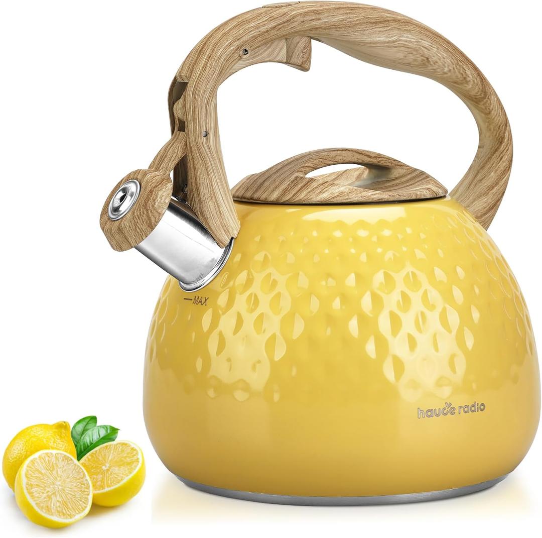Tea Kettle, Stovetop Teapot, 2.5 Quart, Loud Whistle, Food Grade Stainless Steel and Smooth Wood Pattern Handle, Sophisticated Look for Hiking, Picnic, for Tea, Coffee, (Yellow)