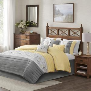 Madison Park Serene Faux Silk Comforter Set - Floral Embroidery Design, All Season Bedding Set, Matching Bed Skirt, Decorative Pillows, Yellow Queen(90"x90") 7 Piece (Queen (90 in x 90 in))