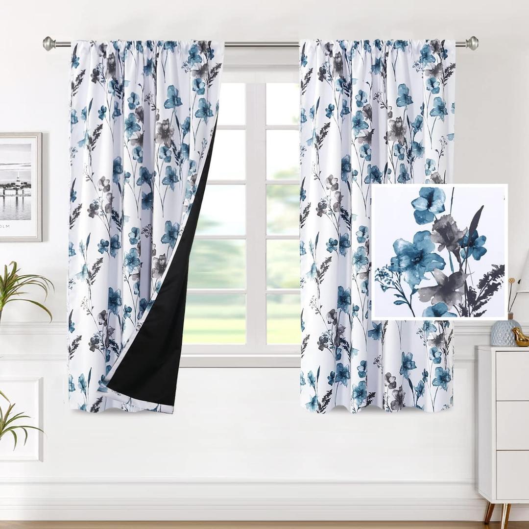 H.VERSAILTEX 100% Blackout Curtains for Bedroom Cattleya Floral Printed Drapes 63 Inches Long Leah Floral Pattern Full Light Blocking Drapes with Black Liner Rod Pocket 2 Panels, Grey/Blue