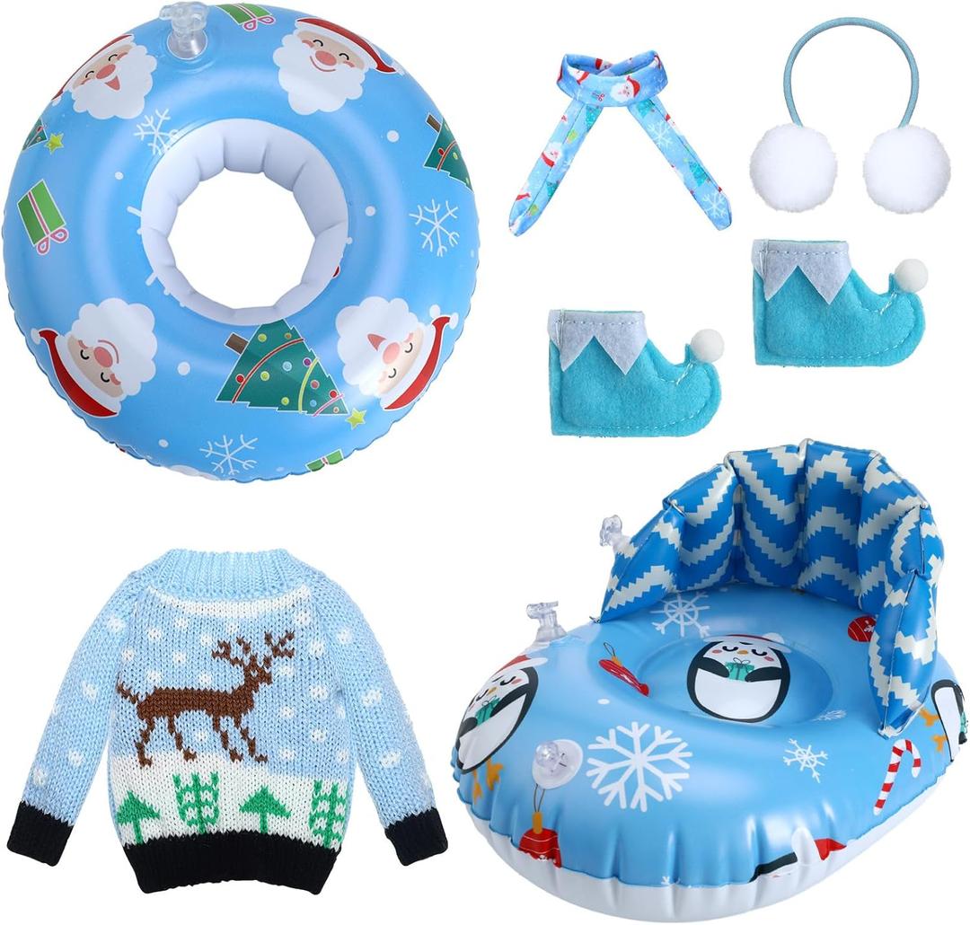 Cindeer 6 Pcs Christmas Doll Accessories Set Includes Clothes Sweater Ear Muffs Scarf Shoes Sleigh Snow Ring Set for 11.5 Inch Doll(Blue Penguin)