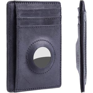 Hawanik Wallet with Airtag Holder Genuine Leather Wallets Slim Minimalist Card Holder RFID Blocking Card Wallet Compatible with AirTag (Black)