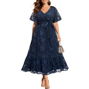 Pinup Fashion Plus Size Dresses for Wedding Guest - 2025 Cocktail Semi Formal Summer Wrap V Neck Maxi Dress, Size: 22 Plus