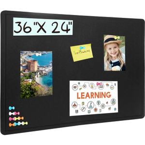 Bulletin Board, 36 X 24 inches Cork Board with 20 Pushpin, Felt Cork Board Notice Pin Board, Self-Adhesive Vision Board Mood Board Foldable Photo Board for Wall - Black (36 X 24inches)