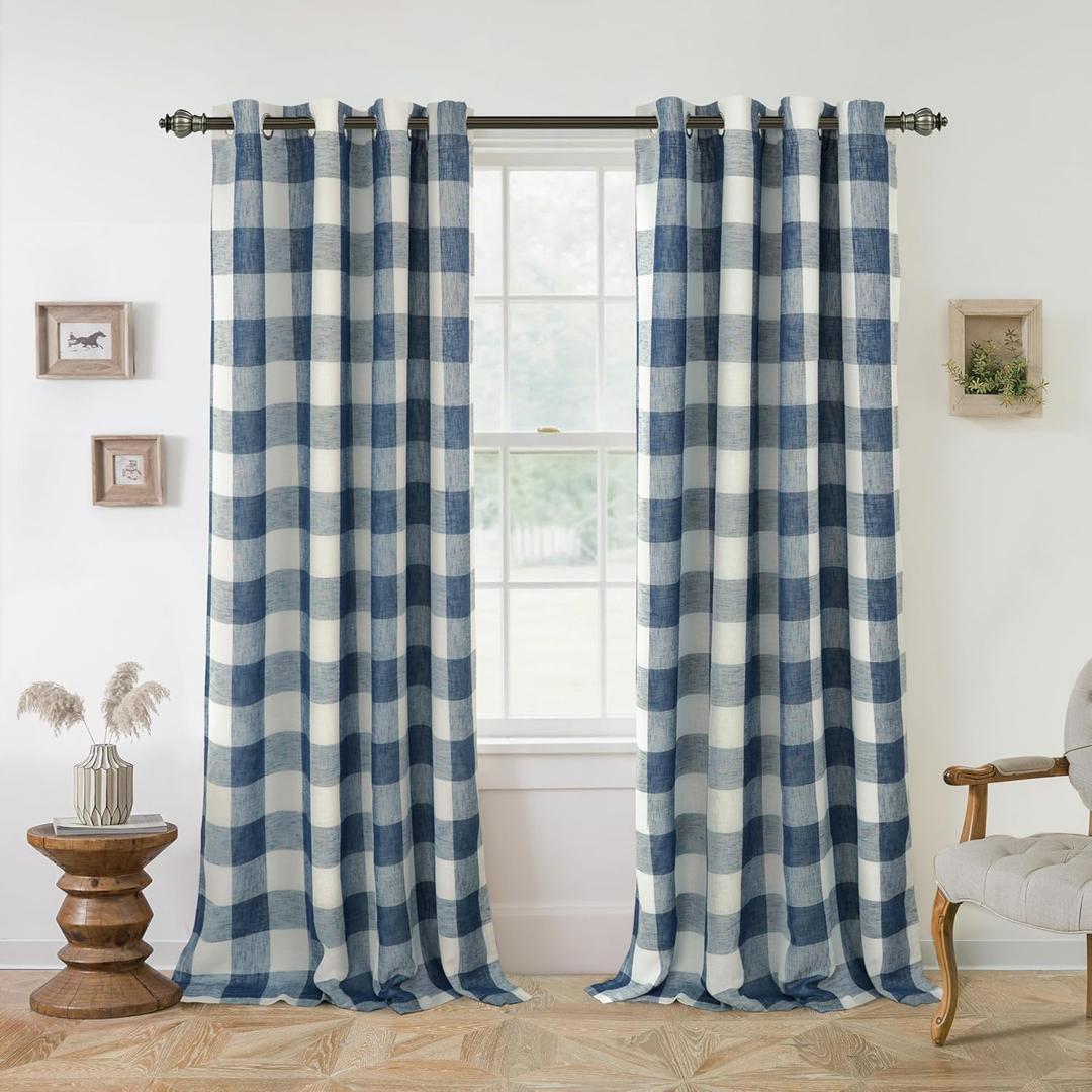 DriftAway Buffalo Plaid Blackout Curtains Linen Textured Farmhouse Double Layer Thermal Insulated Yarn Dyed Woven Checkered Gingham Grommet Drapes for Living Room 2 Panels Each 52W x 84L Navy Blue