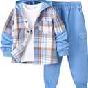 Fdqin Boys Clothing Set 2 Piece Outfits Pants Sets Cute Flannel Plaid Shirt Hoodie Shirt and Casual Sweatpants Blue 5-6Years