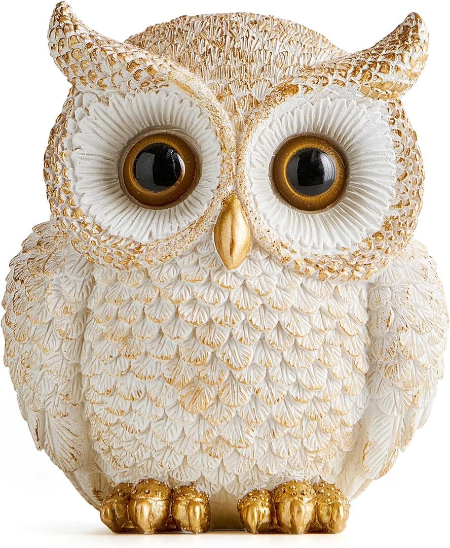 White and Gold Owl Statue - Cute Resin Figurine Home Decor for Desk Bookshelf Coffee Table, Gift for Owl Lovers, Office Living Room Bedroom Decor