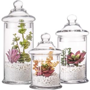 Set of 3 Glass Apothecary Jars with Lids, Clear Bathroom Storage Organizer Canister Set for Qtips, Cotton Swabs, Cotton Balls, Bath Salts (H: 11", 8.5", 7.5", D: 5"; 23 FL.OZ, 34 FL.OZ and 45 FL.OZ)