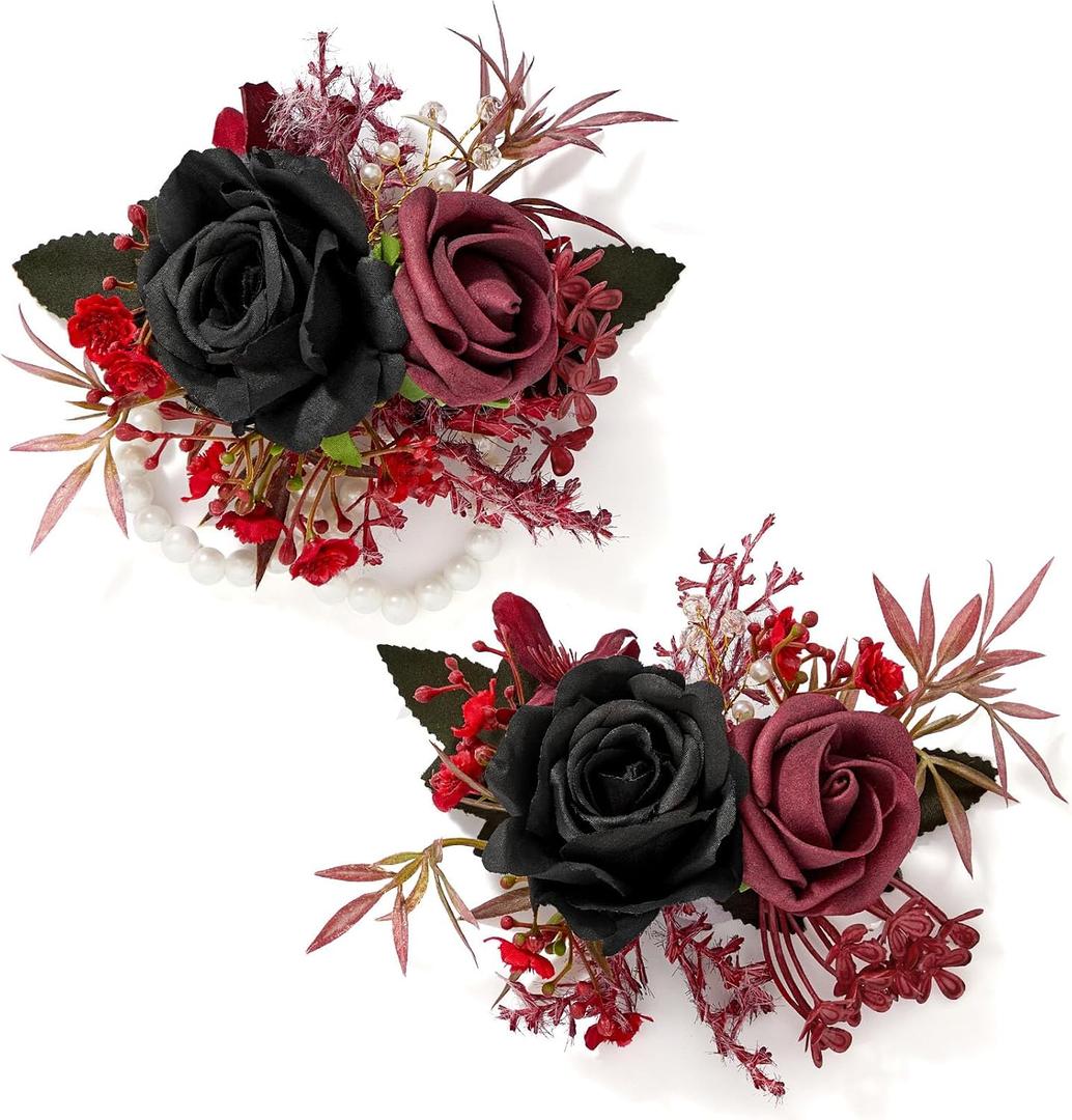 2 x Serwalin 2 Pcs Wrist Corsage and Boutonniere Set, 6-7 Inch Black Burgundy Corsage for Wedding, Boutonniere for Men Corsage Wristlet Prom Ceremony Anniversary Accessories Suit