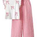 WDIRARA Girl's Plaid Gingham Outfit 2 Piece Bow Cap Sleeve Tee Wide Leg Pants Set Cute Clothing Sets Pink 9Y (Red, M)