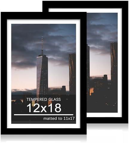 ccdcc 12x18 Picture Frame Set of 2, 12 x 18 Wood Poster Frames with Mat for 11x17, Wooden Photo Frames with Tempered Glass Cover for Wall Display,Black