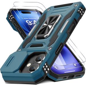DEERLAMN Case for iPhone 17 6.3-Inch with Slide Camera Cover + Screen Protector (2 Packs), Rotated Ring Kickstand Military Grade Shockproof Protective Cover-Light Blue