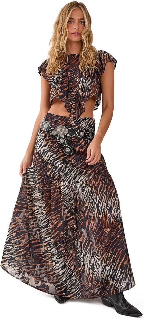 Nasty Gal Animal Burnout Ruffle Crop Top (10, Black)