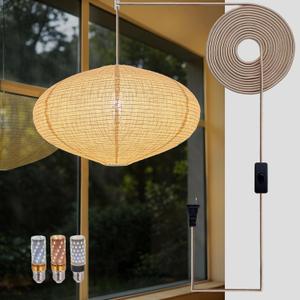 Plug in Linen Pendant Light with 16.4FT Woven Rope Cord E26 LED Bulb, Oblate 20 Inch Paper Lantern Plug in Alternative, Atmosphere Lighting for Living rRoms, Bedrooms and Dining Tables, Medium