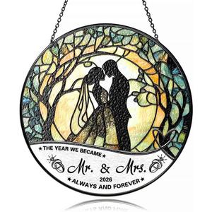 Stained Glass Suncatcher - Mr & Mrs 2026 Wedding Keepsake, Bridal Shower Gift for Newlyweds,Wedding Anniversary Keepsake, Suncatchers for Windows Hanging - Bride's Home Decoration or Ceremony Souvenir