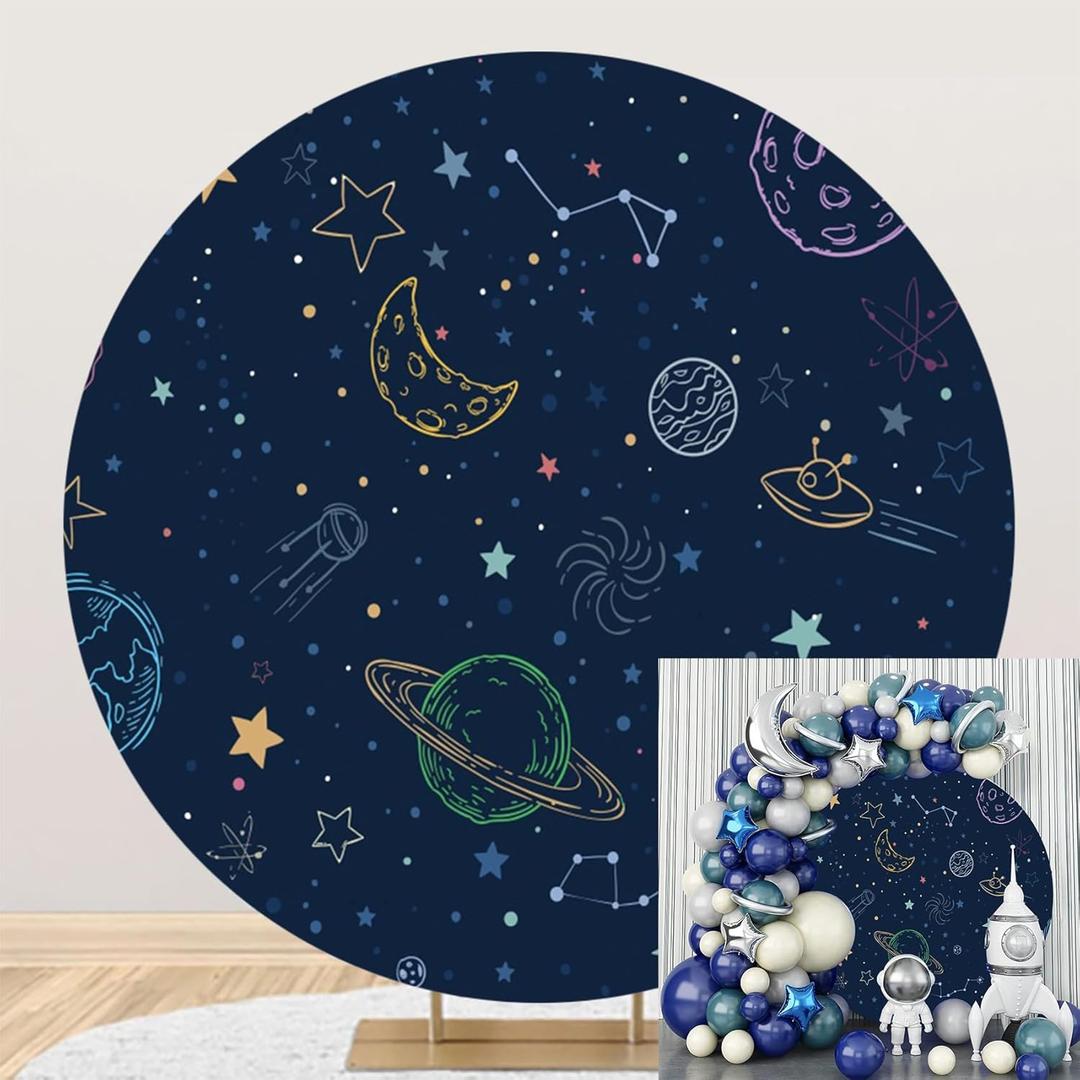 Polyester Diameter 6.5ft Space Theme Round Backdrop Drawing Universe Cartoon Galaxy Starry Sky Roaming Background for Photography for Boys Children Birthday Party Decoration Photo Studio Props (Style4)