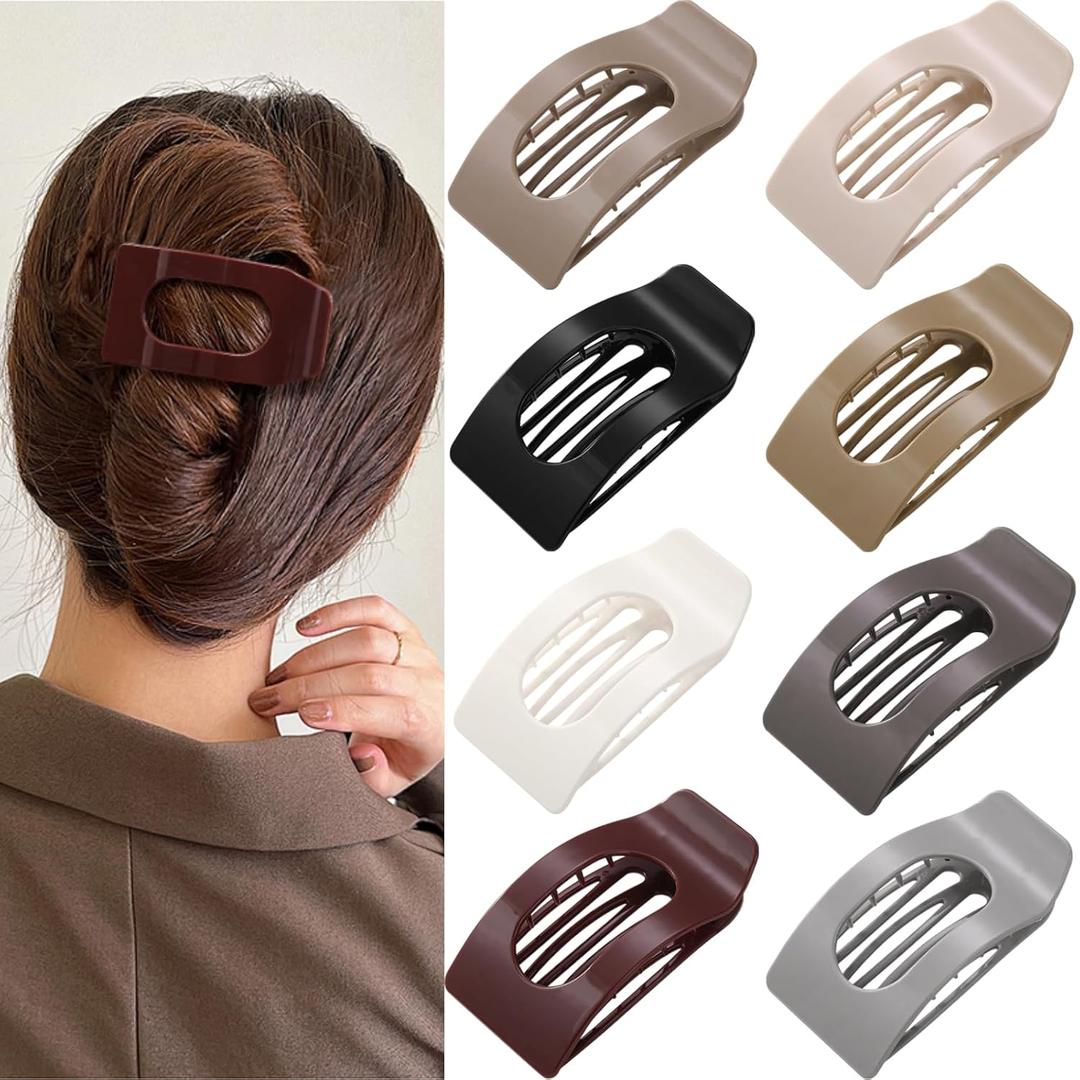 8 Pack Flat Hair Clips for Women Large Glossy Neutral Rectangle No-Slip Claw Clips for Thick & Thin Hair, Strong Hold Square Hair Accessories for Work & Stylish Outfits