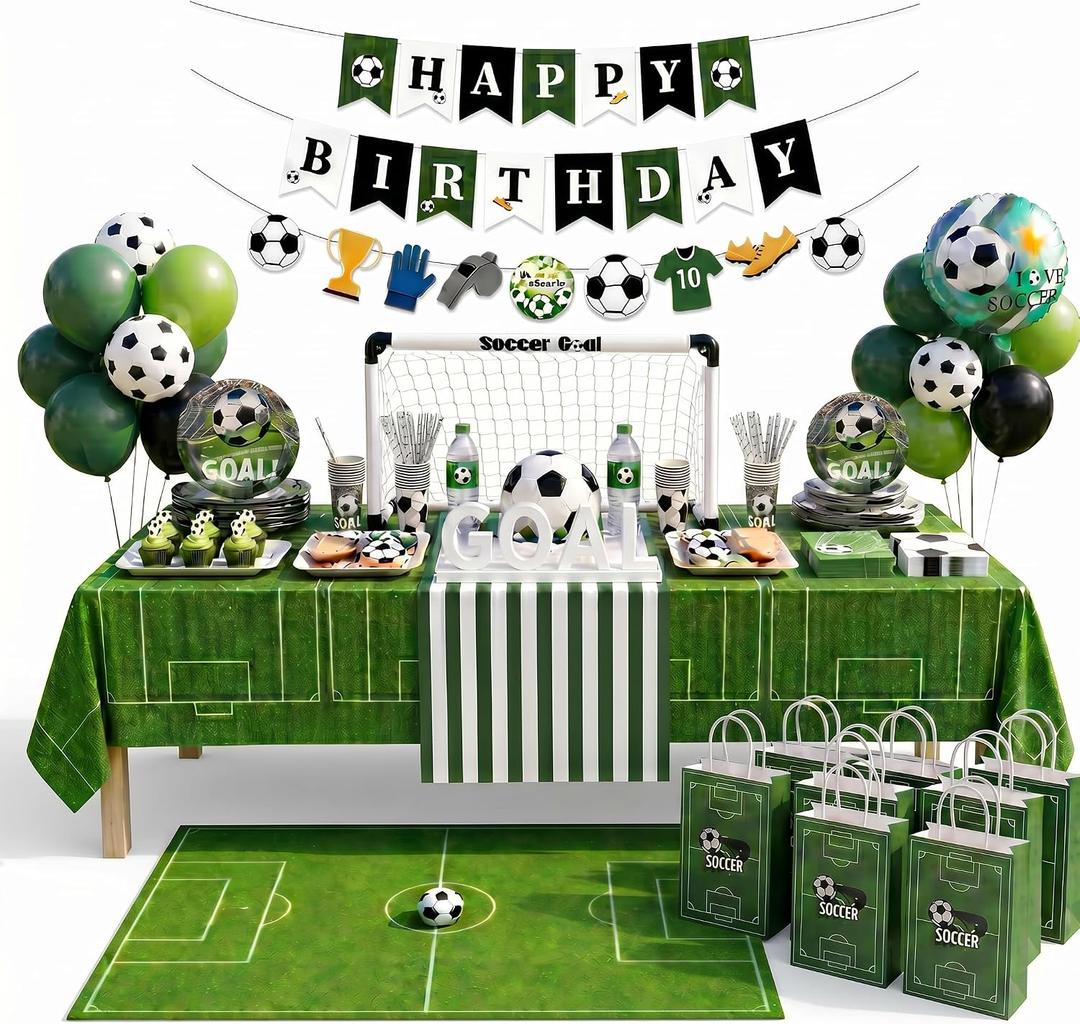 163Pcs Soccer Goal Party Decorations Tableware Set for 24 Guests