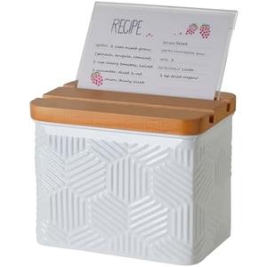 HOME PALETTE Recipe Box with Cards and Dividers Set 4x6 Recipe Holder for Kitchen Counter Metal White Hexagon Stripe Pattern Embossed Recipe Card Box with Wooden Grooved Lid