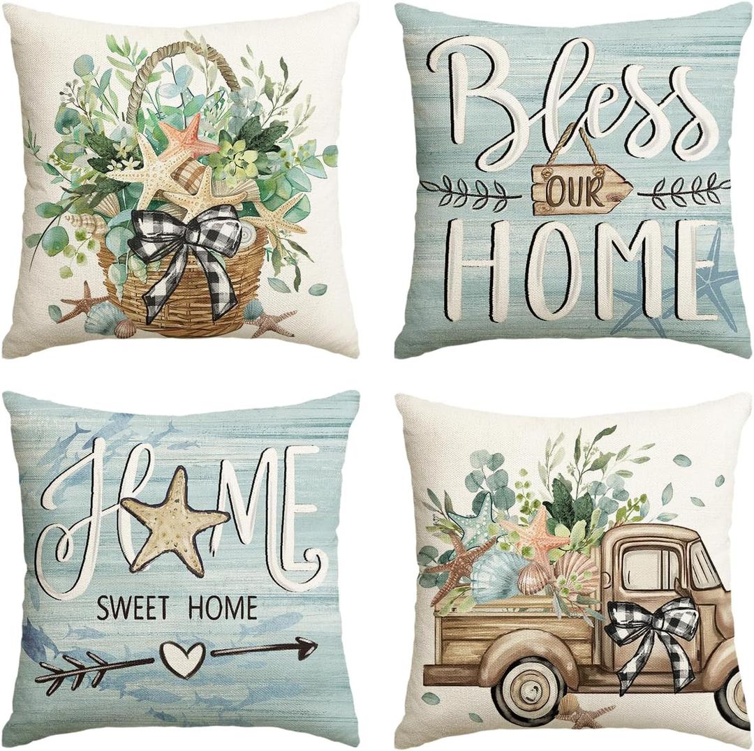 AVOIN colorlife Bless Our Home Eucalyptus Leaves Starfish Throw Pillow Covers, 20 x 20 Inch Seasonal Spring Summer Truck Home Sweet Home Cushion Case Decorations Set of 4