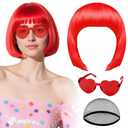 PLULON Red Bob Wig with Heart Sunglasses and Hair Cap, Colorful Short Bob Wigs Synthetic Party Wigs Funny Cosplay Hairpieces for Women Men Neon Bachelorette Halloween Costume Party Decorations