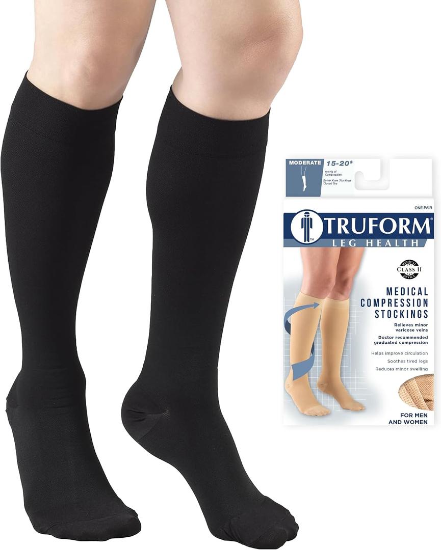 Truform 15-20 mmHg Compression Stockings for Men and Women, Knee High Length, Closed Toe, Black, Small