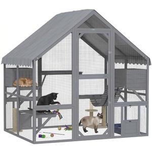 PawHut 73" L Large Catio Outdoor Cat Enclosure for Multiple Kittens Gray | 28 sq.ft Wooden Cat House, Waterproof Cover, Walk in Kitty Cage Kennel, 2 Condos, 4 Platforms, Backyard, Patio