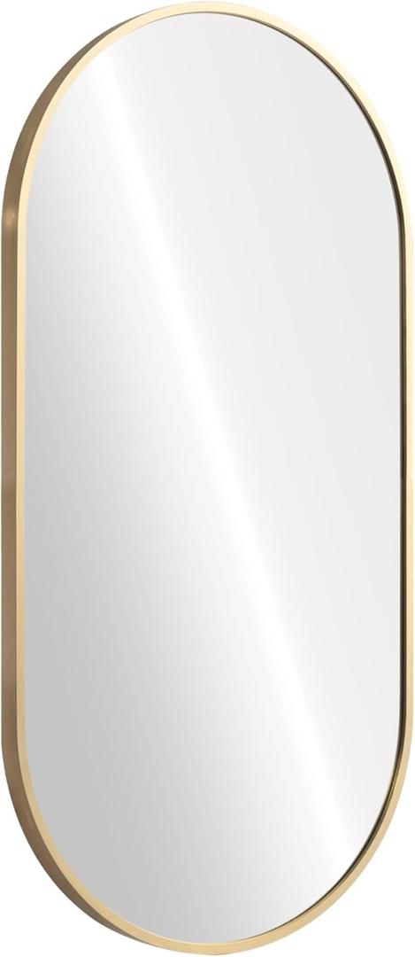 Navaris Oval Wall Mirror - 75 x 38 x 3 cm - Wall Mounted Hanging Mirror with Brushed Brass Rustproof Aluminium Frame - Mirror for Bathroom Bedroom Hallway