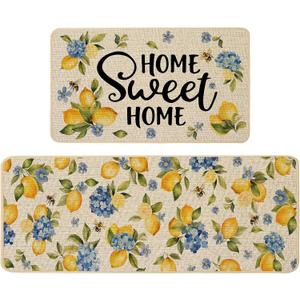 Baccessor Lemon Kitchen Rugs Set of 2, Hydrangea Floral Flowers Kitchen Mats for Spring Summer Floor Hallway Laundry Sink Low-Profile Home Decoration 17x29 and 17x47 Inch
