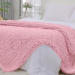 Bigacogo Chunky Knit Throw Blanket for Couch, 40x80 inches, 100% Hand Knitted with Thick Jumbo Chenille Yarn, Cozy Soft Large Rope Knot Cable Crochet Blankets for Sofa Bed Living Room, Burnt Rose