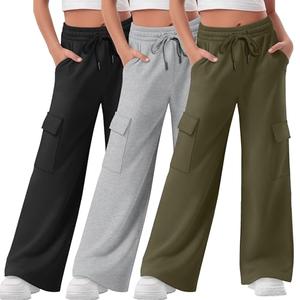 LessonZoo 3 Pack Girls Wide Leg Sweatpants Kids Cargo Baggy Pants Drawstring Casual Athletic Joggers for Teens 5-14 Years(Army Green, Light Gray, Black,Medium)